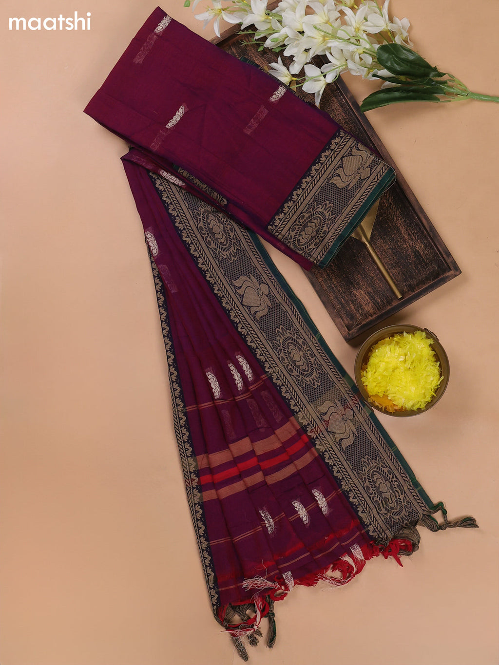 Dual-Shade Of Purple and Green Narayanpet Cotton Dress Materials With Thread Woven Buttas Border