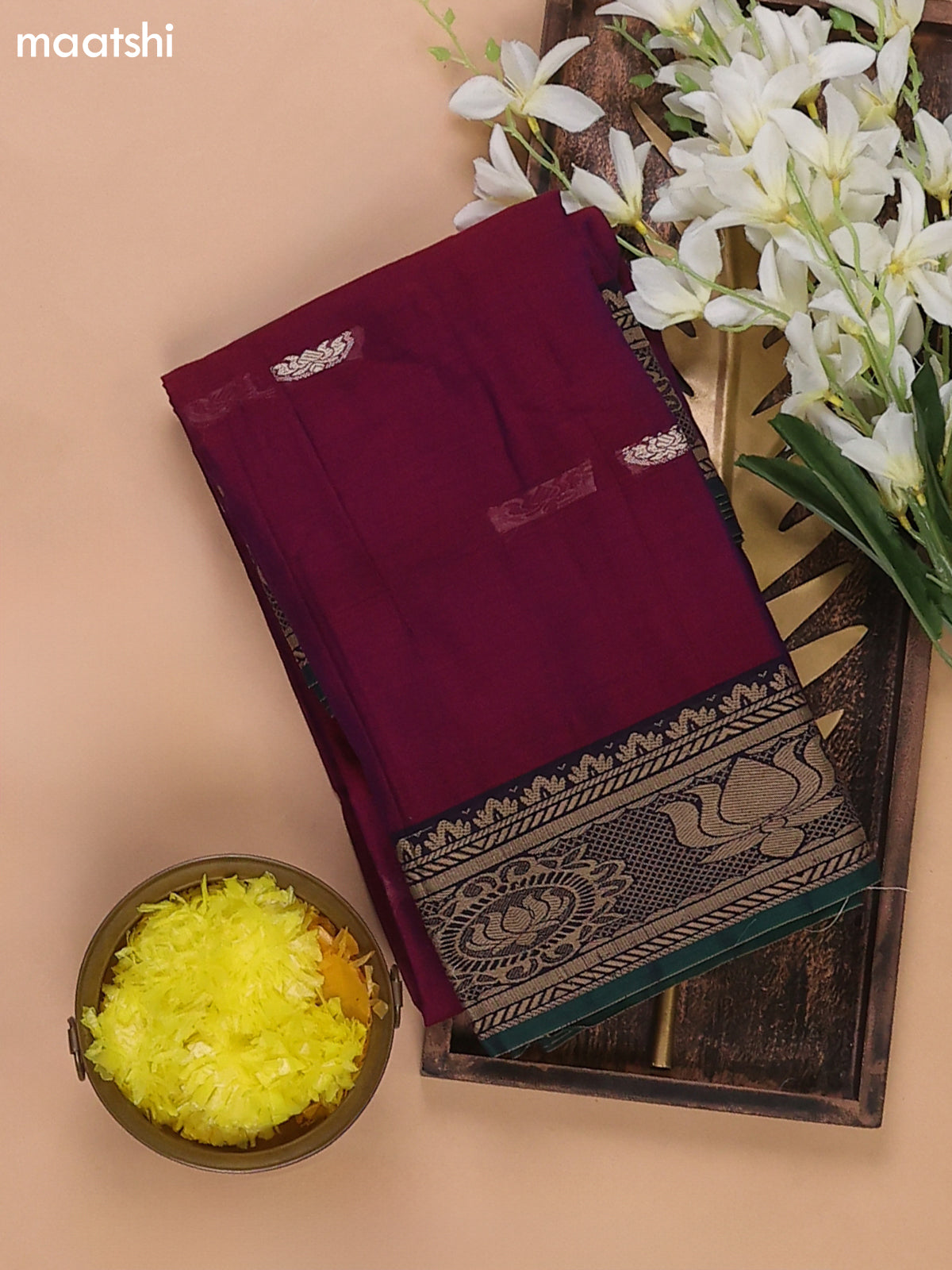Dual-Shade Of Purple and Green Narayanpet Cotton Dress Materials With Thread Woven Buttas Border