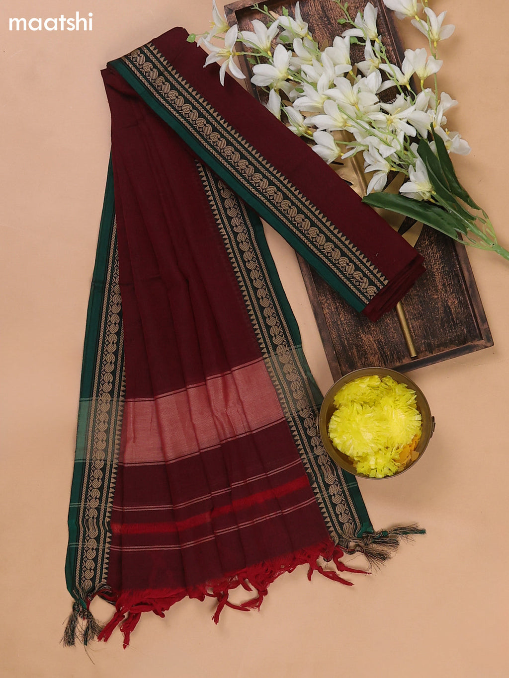 Maroon and Green Narayanpet Cotton Dress Materials With A Plain Body and Thread Woven Border