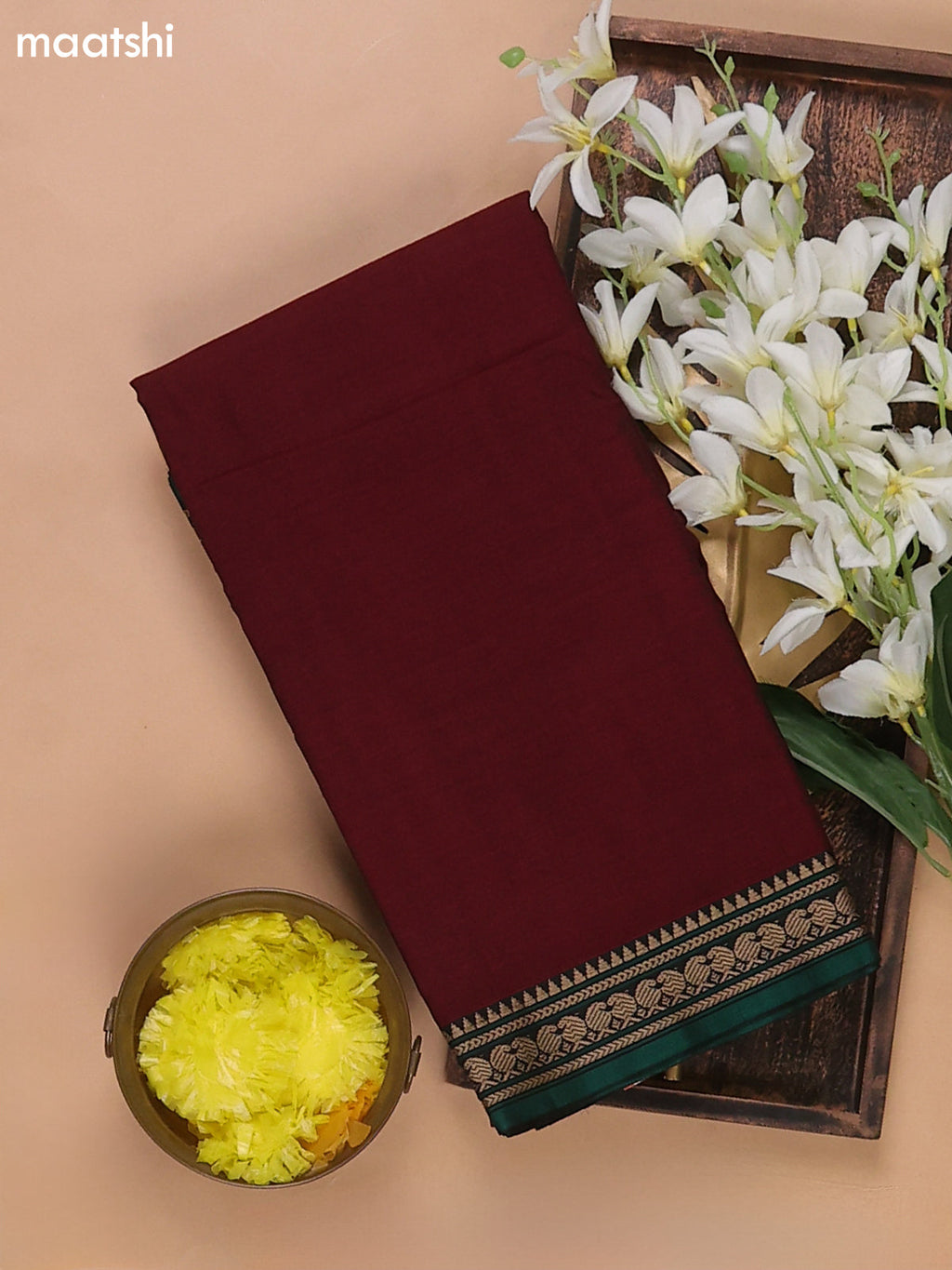 Maroon and Green Narayanpet Cotton Dress Materials With A Plain Body and Thread Woven Border
