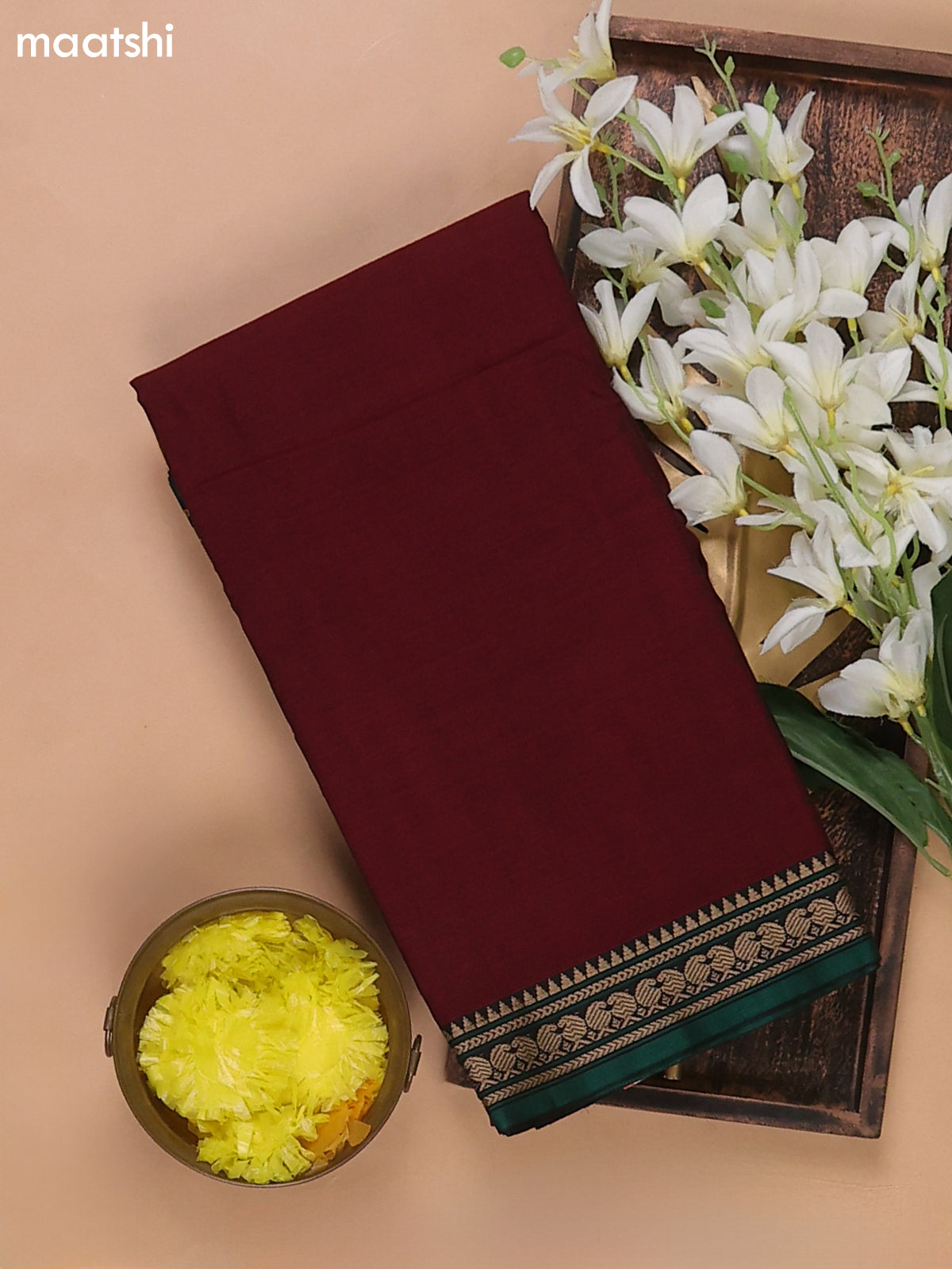 Maroon and Green Narayanpet Cotton Dress Materials With A Plain Body and Thread Woven Border