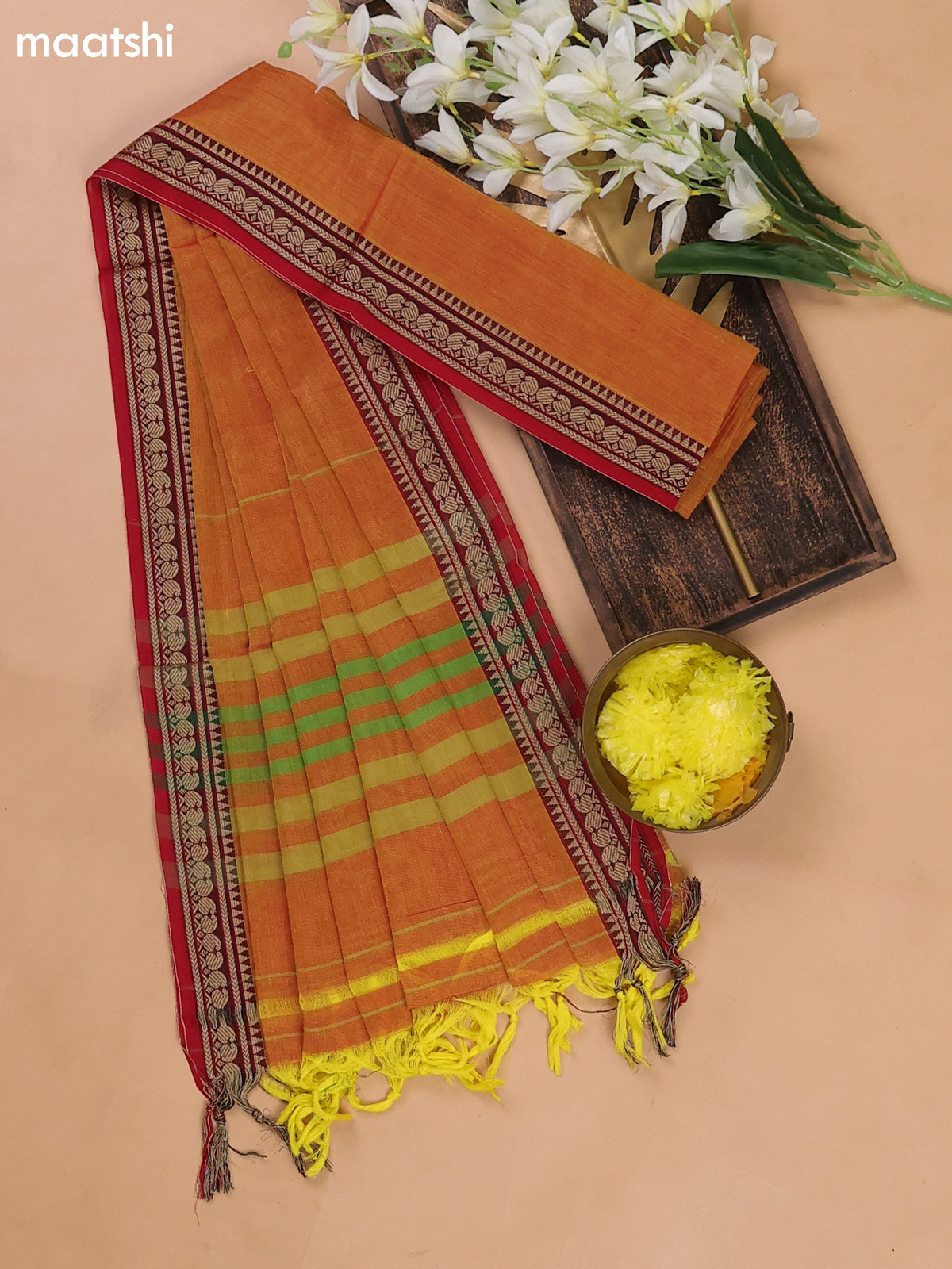 Sunset Orange and Red Narayanpet Cotton Dress Materials With A Plain Body and Thread Woven Border