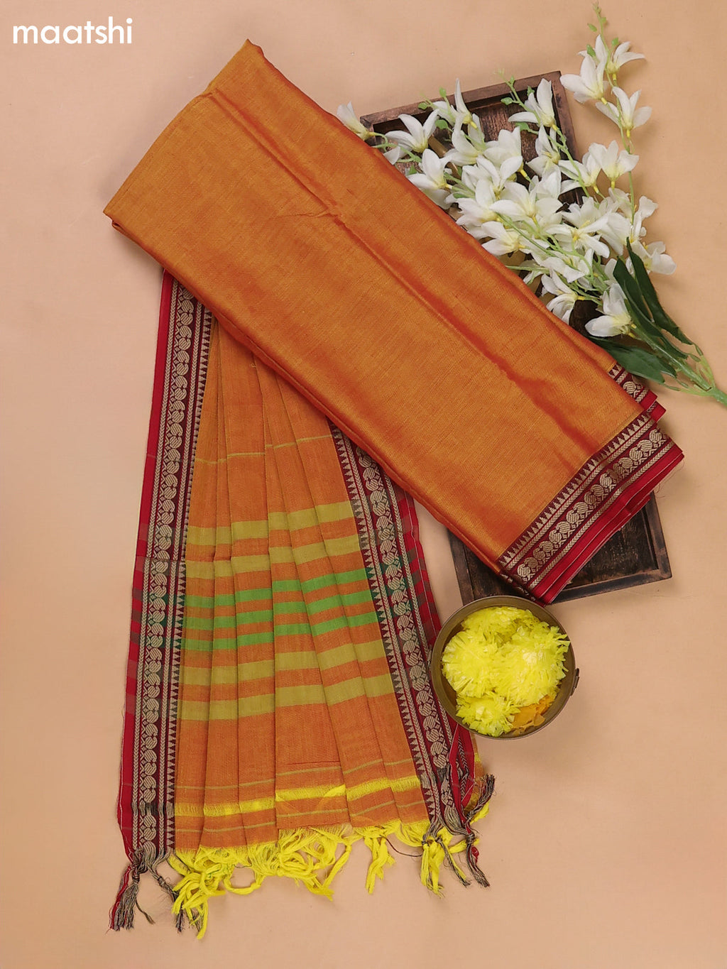 Sunset Orange and Red Narayanpet Cotton Dress Materials With A Plain Body and Thread Woven Border