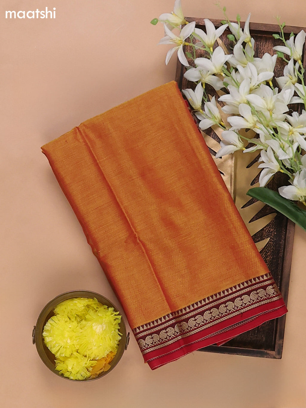 Sunset Orange and Red Narayanpet Cotton Dress Materials With A Plain Body and Thread Woven Border