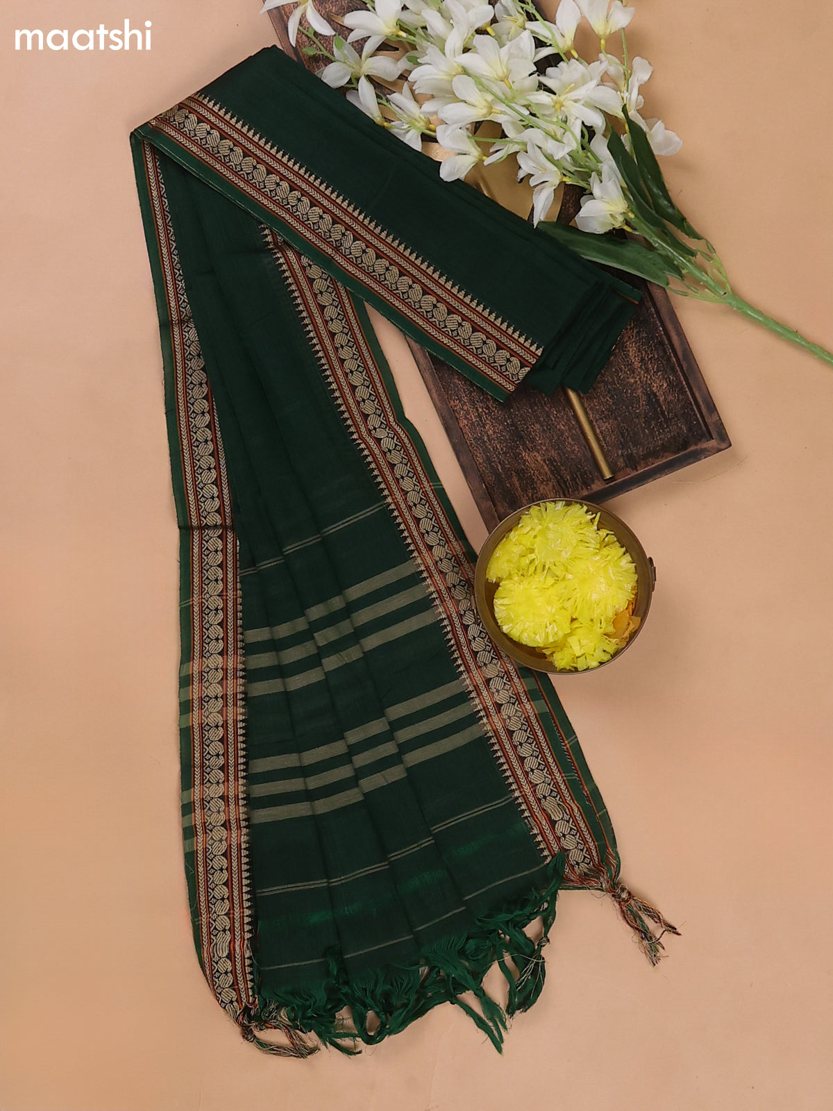Bottle Green Narayanpet Cotton Dress Materials With A Plain Body and Thread Woven Border