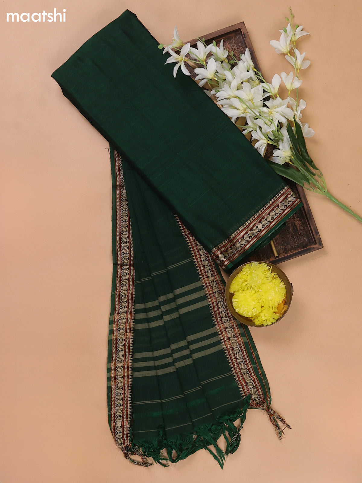 Bottle Green Narayanpet Cotton Dress Materials With A Plain Body and Thread Woven Border