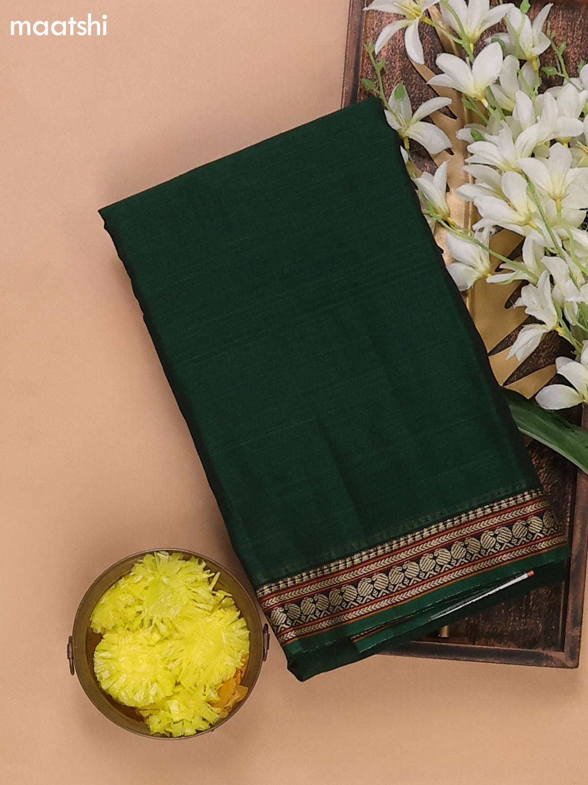 Bottle Green Narayanpet Cotton Dress Materials With A Plain Body and Thread Woven Border