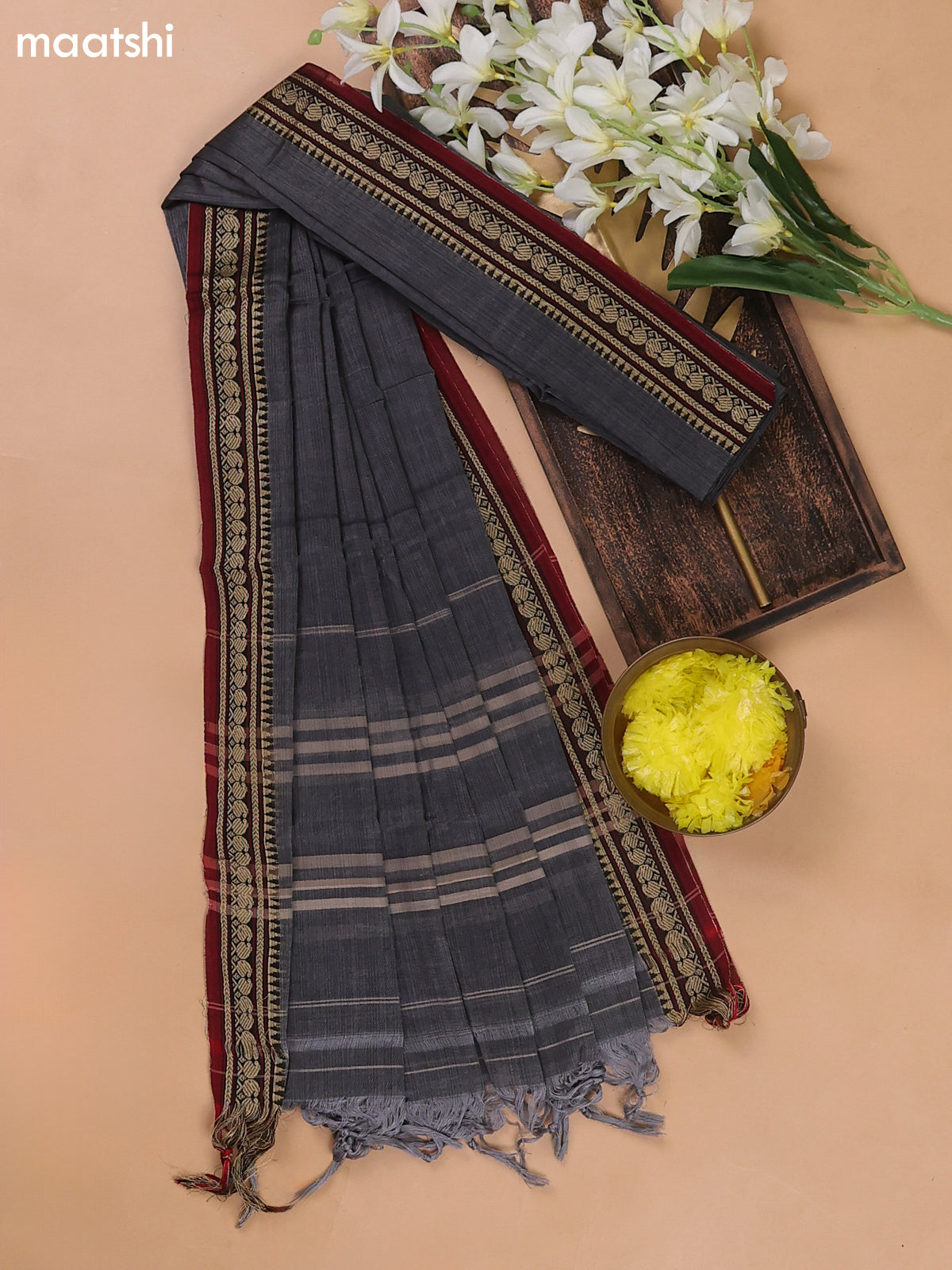 Grey and Maroon Narayanpet Cotton Dress Materials With A Plain Body and Thread Woven Border