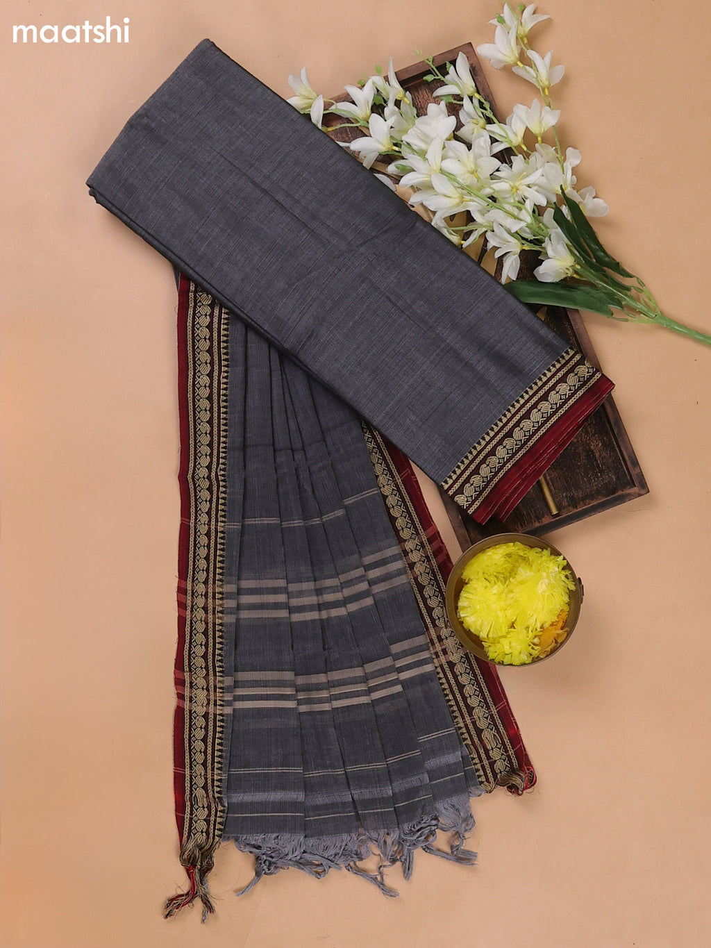 Grey and Maroon Narayanpet Cotton Dress Materials With A Plain Body and Thread Woven Border