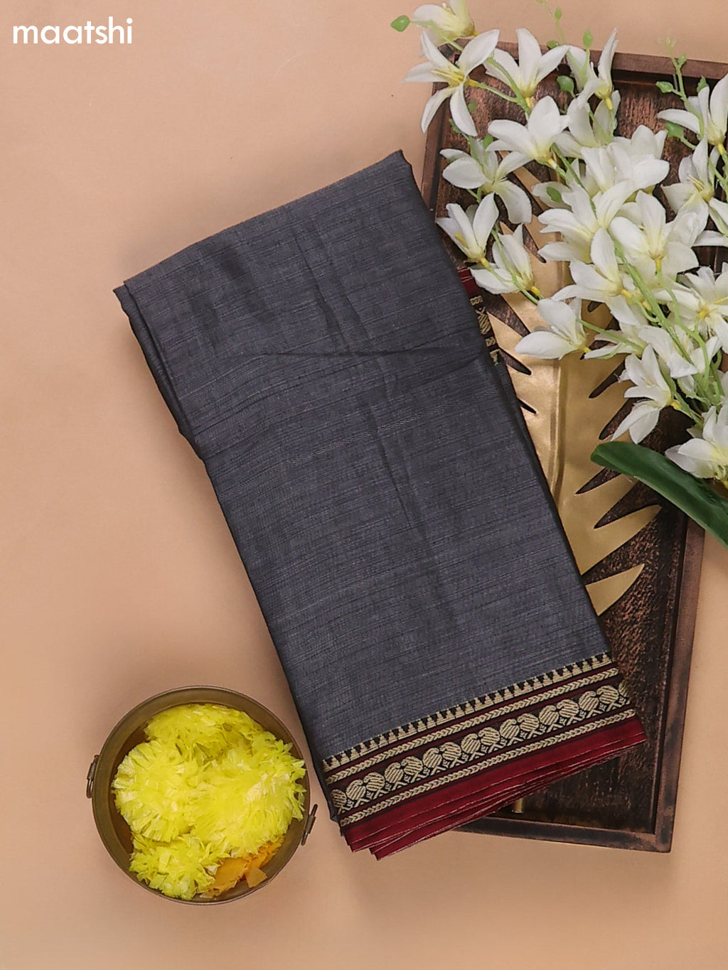 Grey and Maroon Narayanpet Cotton Dress Materials With A Plain Body and Thread Woven Border
