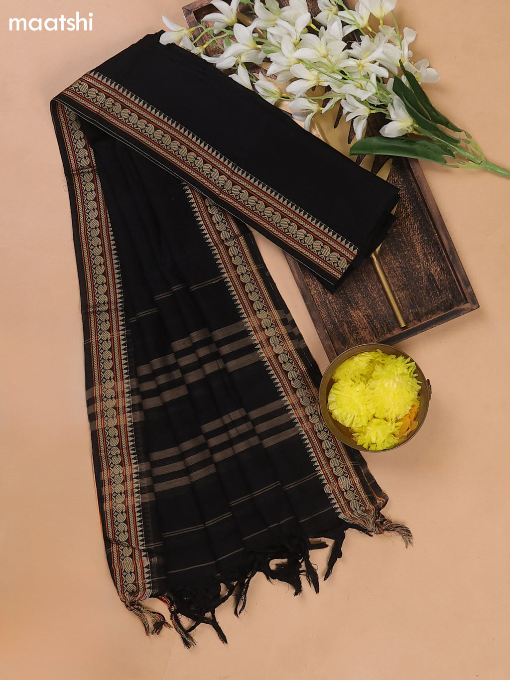 Black Narayanpet Cotton Dress Materials With A Plain Body and Thread Woven Border