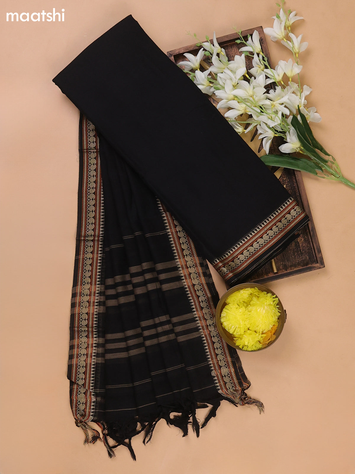 Black Narayanpet Cotton Dress Materials With A Plain Body and Thread Woven Border