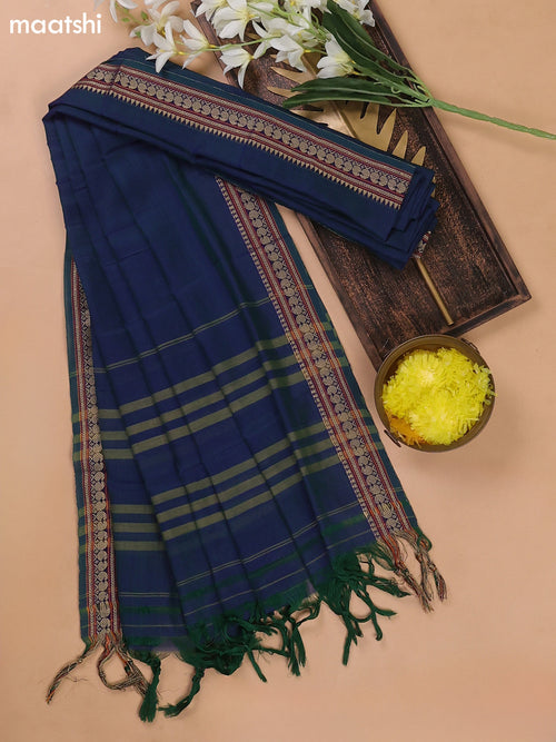 A Dual Shade Of Bluish-Green Narayanpet Cotton Dress Materials With A Plain Body and Thread-Woven Border.