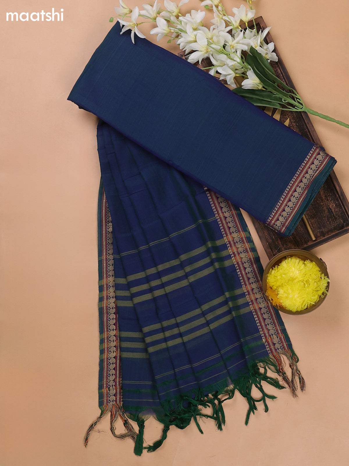 A Dual Shade Of Bluish-Green Narayanpet Cotton Dress Materials With A Plain Body and Thread Woven Border
