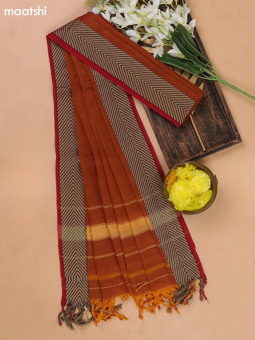 Dark Rust and Kumkum Red Narayanpet Cotton Dress Materials With A Plain Body and Thread Woven Border