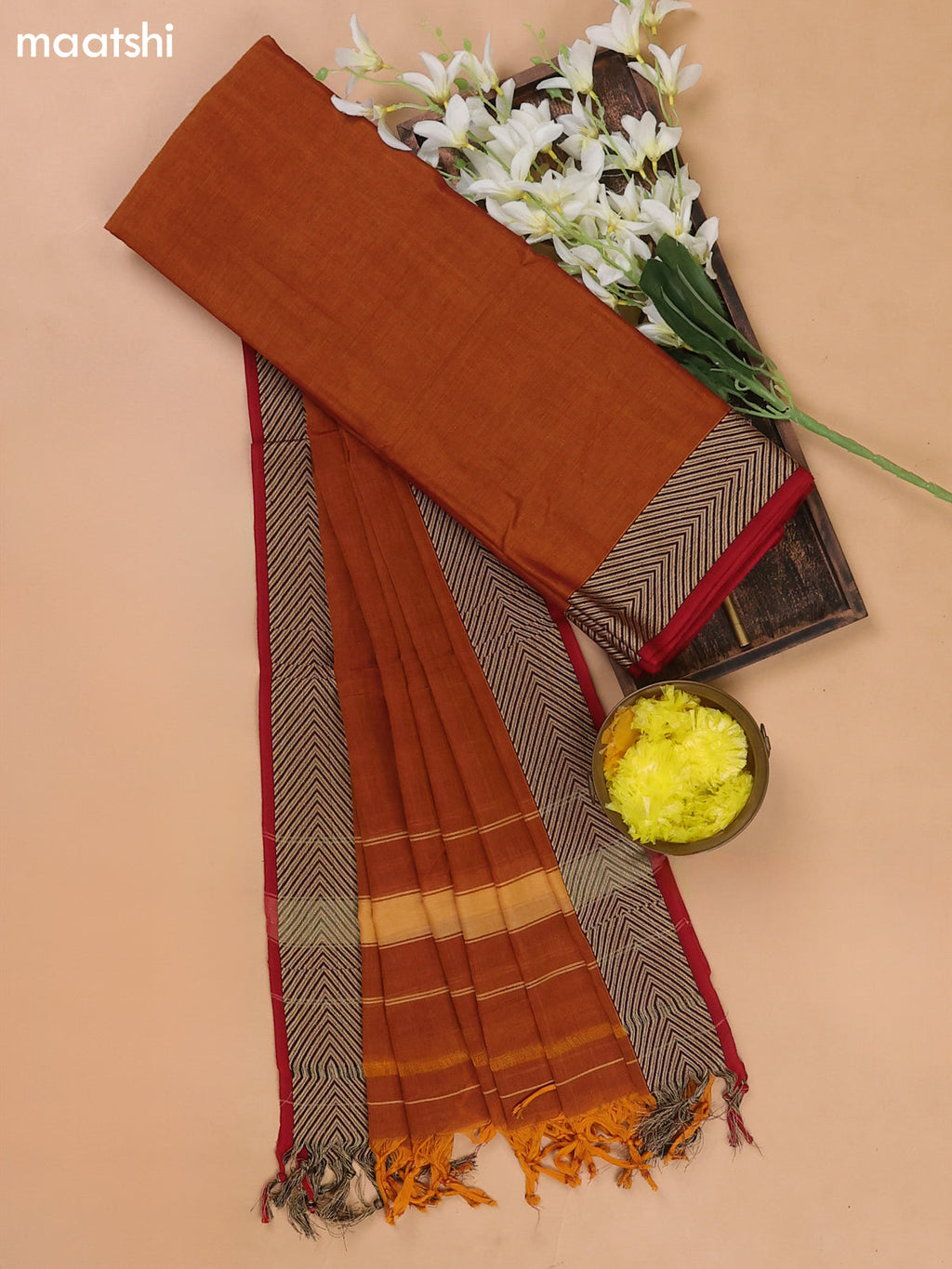 Dark Rust and Kumkum Red Narayanpet Cotton Dress Materials With A Plain Body and Thread Woven Border