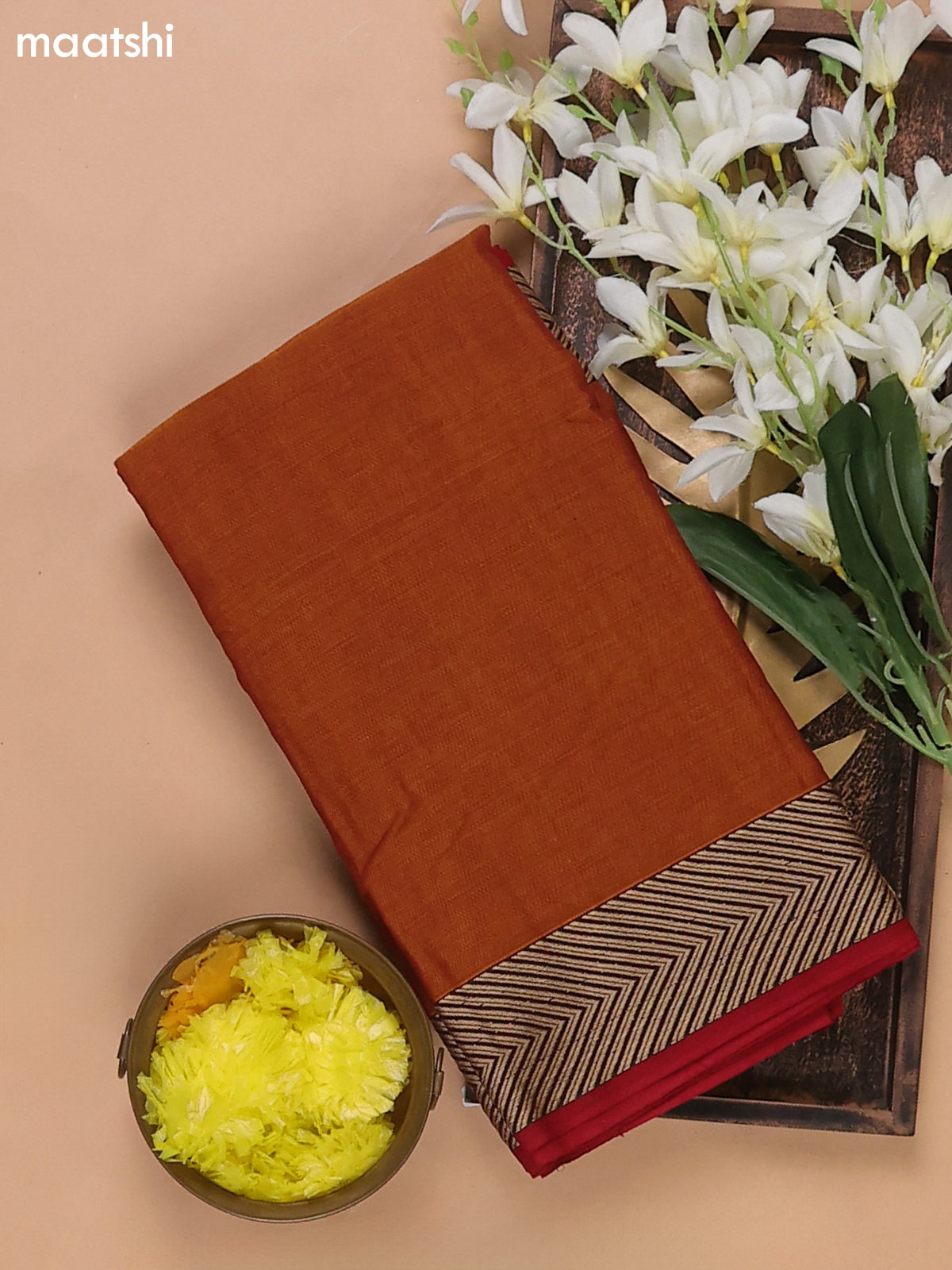 Dark Rust and Kumkum Red Narayanpet Cotton Dress Materials With A Plain Body and Thread Woven Border