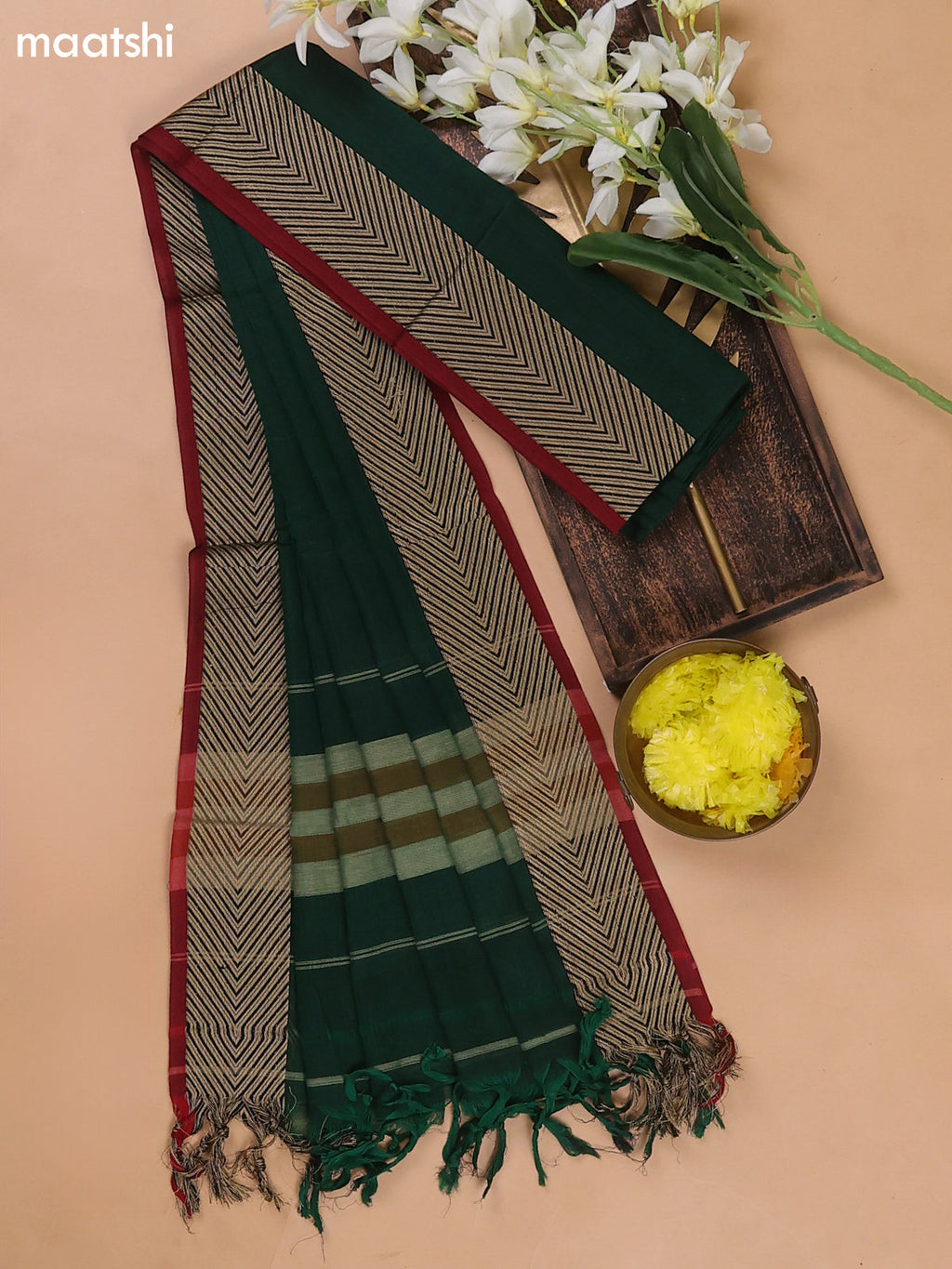 Green and Maroon Narayanpet Cotton Dress Materials With A Plain Body and Thread Woven Border