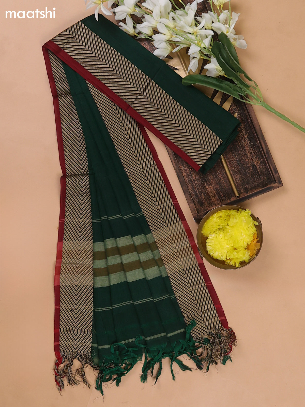 Green and Maroon Narayanpet Cotton Dress Materials With A Plain Body and Thread Woven Border
