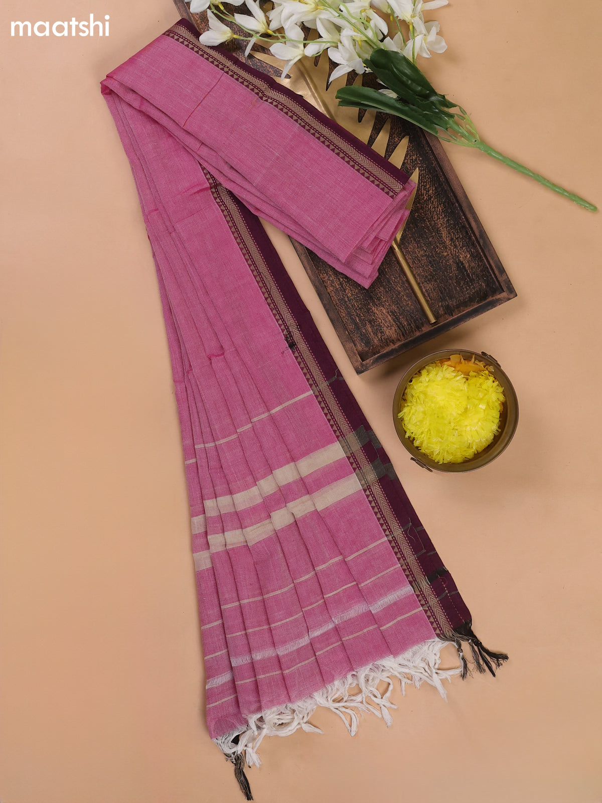 Lotus Pink and Dark Pink Narayanpet Cotton Dress Materials With A Plain Body and Thread Woven Border