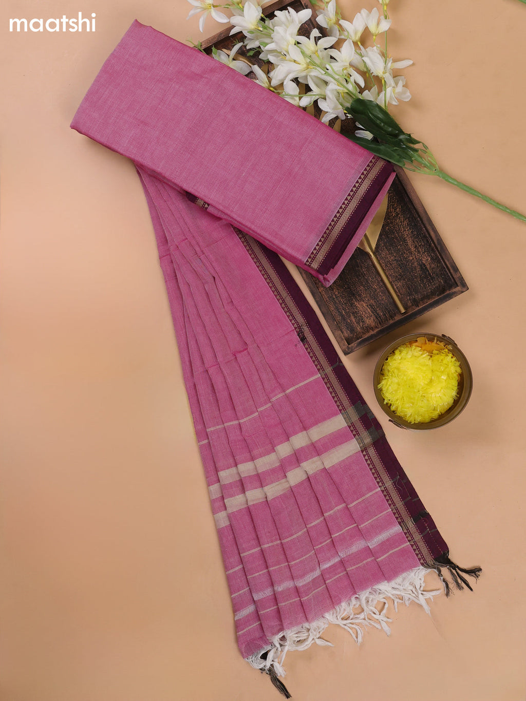 Lotus Pink and Dark Pink Narayanpet Cotton Dress Materials With A Plain Body and Thread Woven Border