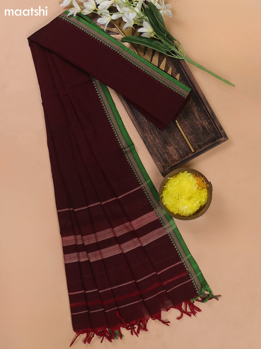 Maroon and Green Narayanpet Cotton Dress Materials With A Plain Body and Thread Woven Border