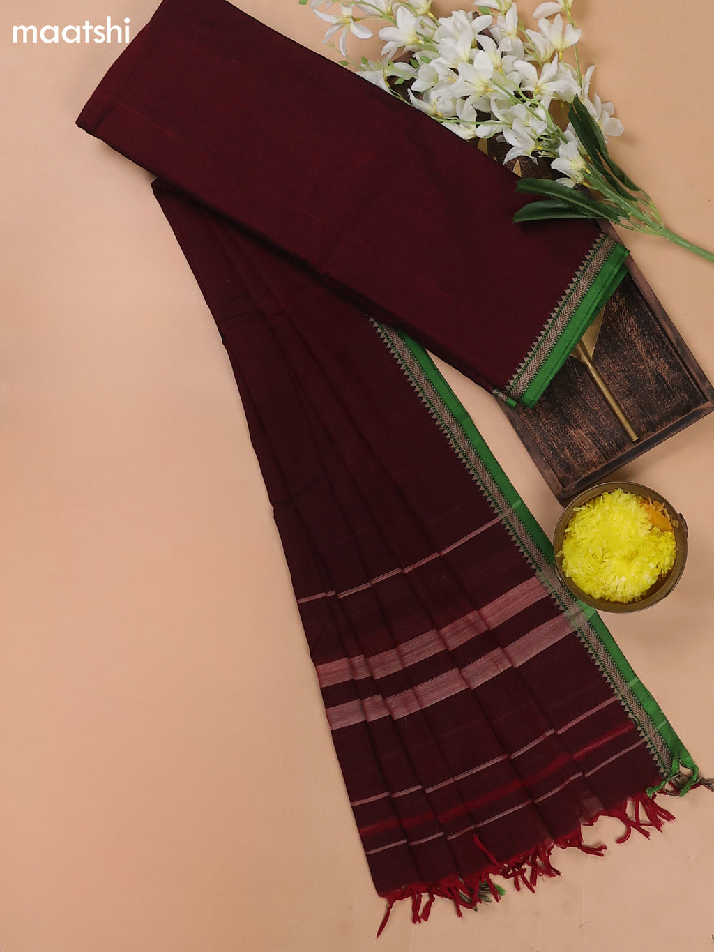 Maroon and Green Narayanpet Cotton Dress Materials With A Plain Body and Thread Woven Border