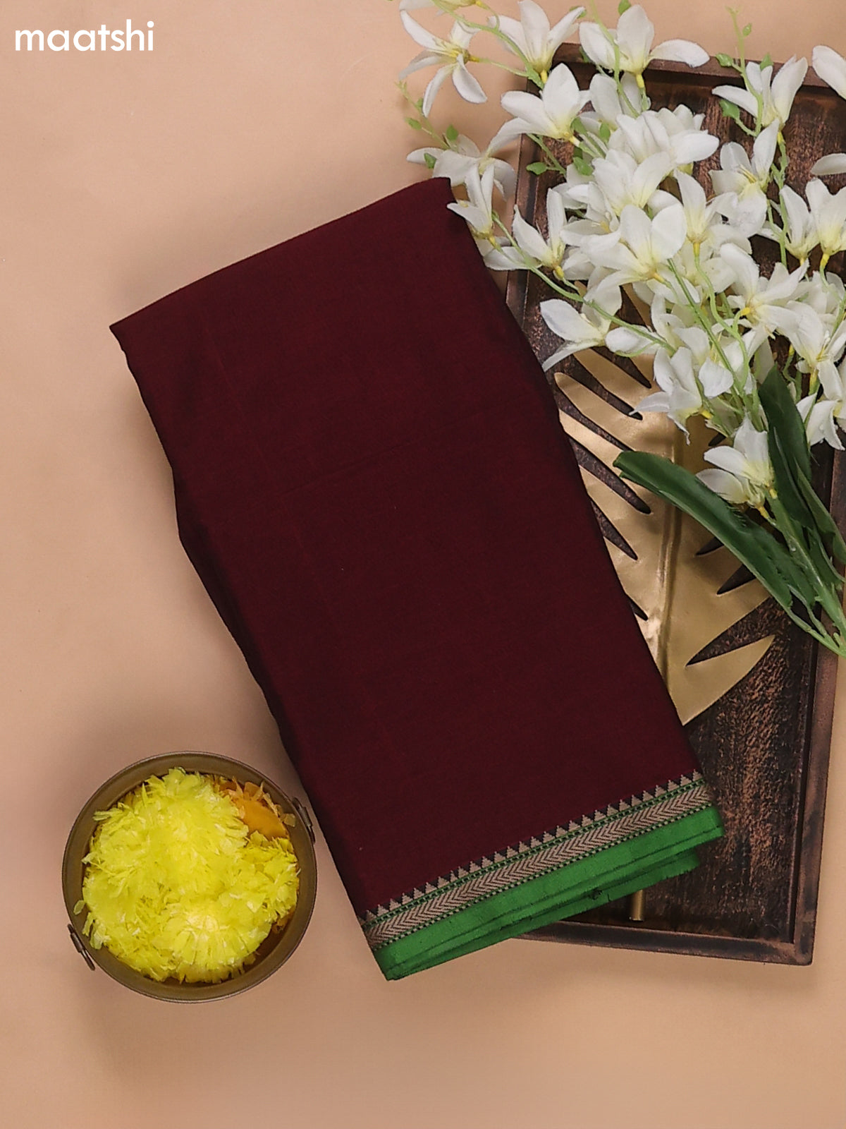 Maroon and Green Narayanpet Cotton Dress Materials With A Plain Body and Thread Woven Border