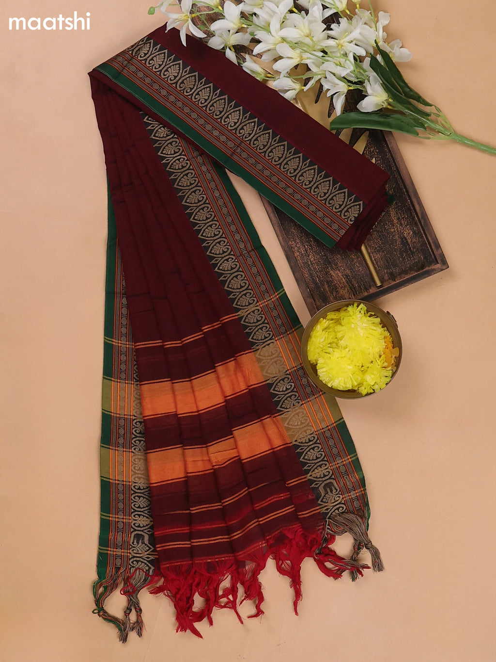 Maroon and Green Narayanpet Cotton Dress Materials With A Plain Body and Thread Woven Border