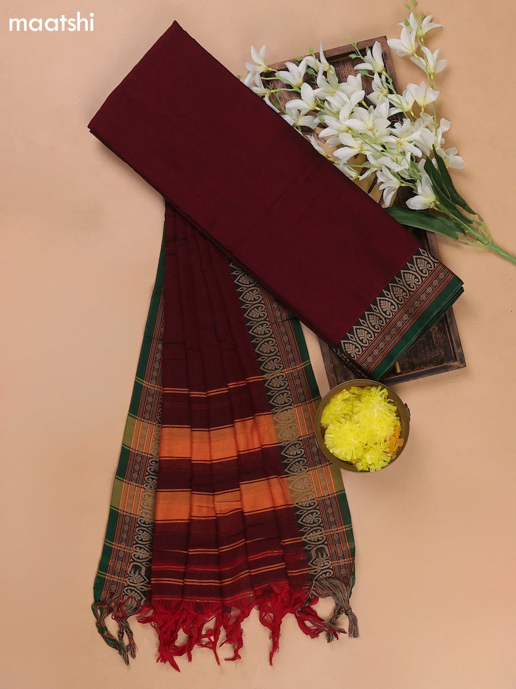 Maroon and Green Narayanpet Cotton Dress Materials With A Plain Body and Thread Woven Border