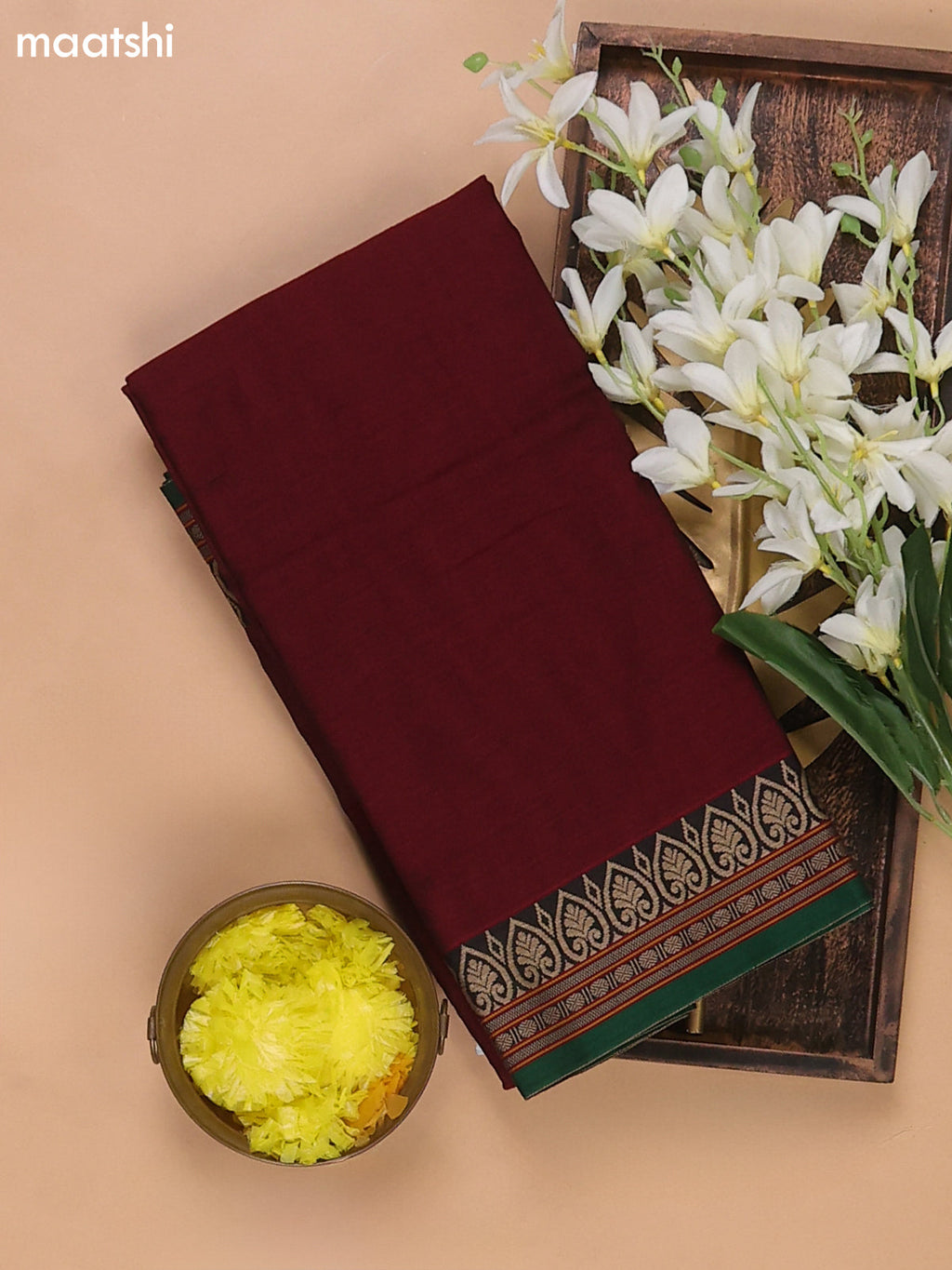 Maroon and Green Narayanpet Cotton Dress Materials With A Plain Body and Thread Woven Border