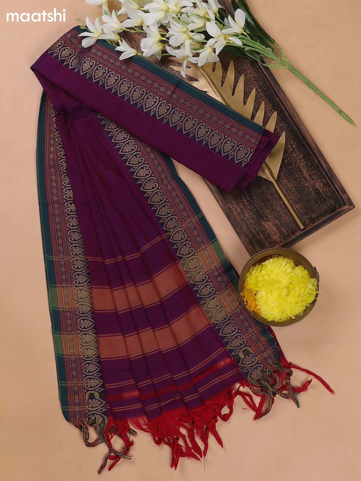 Dual Shade Of Purple and Dual Shade Of Green Narayanpet Cotton Dress Materials With A Plain Body and Thread Woven Border