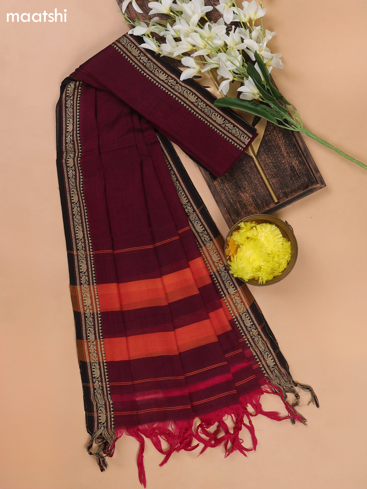 Magenta Pink and Black Narayanpet Cotton Dress Materials With A Plain Body and Thread Woven Border