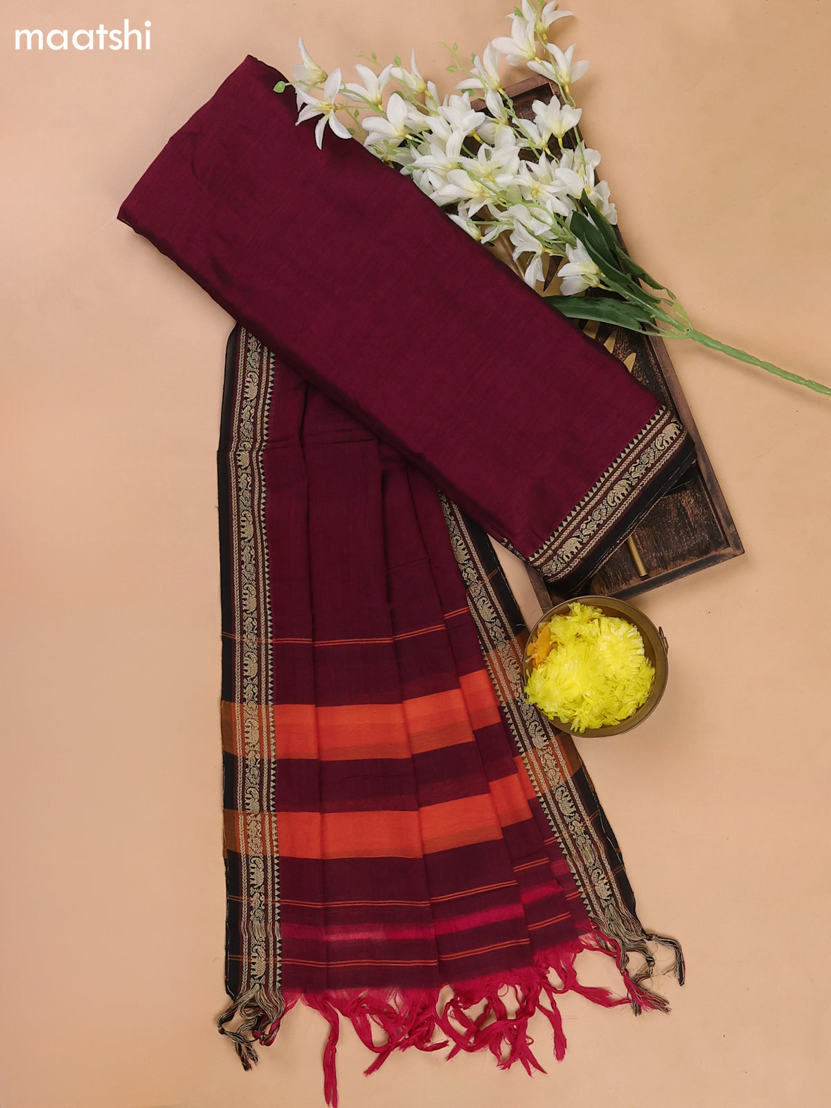 Magenta Pink and Black Narayanpet Cotton Dress Materials With A Plain Body and Thread Woven Border