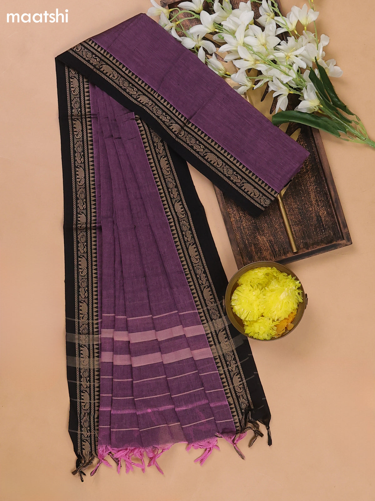 Dark Mauve Pink and Black Narayanpet Cotton Dress Materials With A Plain Body and Thread Woven Border