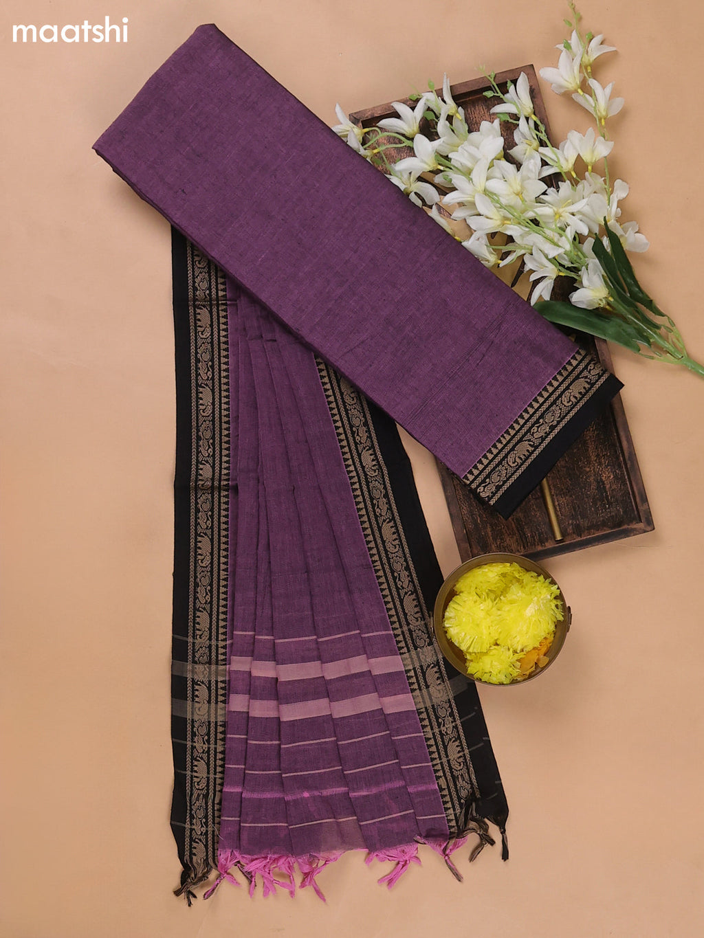 Dark Mauve Pink and Black Narayanpet Cotton Dress Materials With A Plain Body and Thread Woven Border