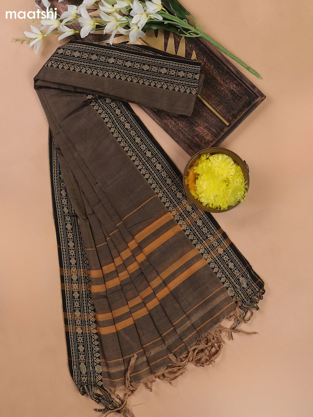 Chikku and Black Narayanpet Cotton Dress Materials With A Plain Body and Thread Woven Border