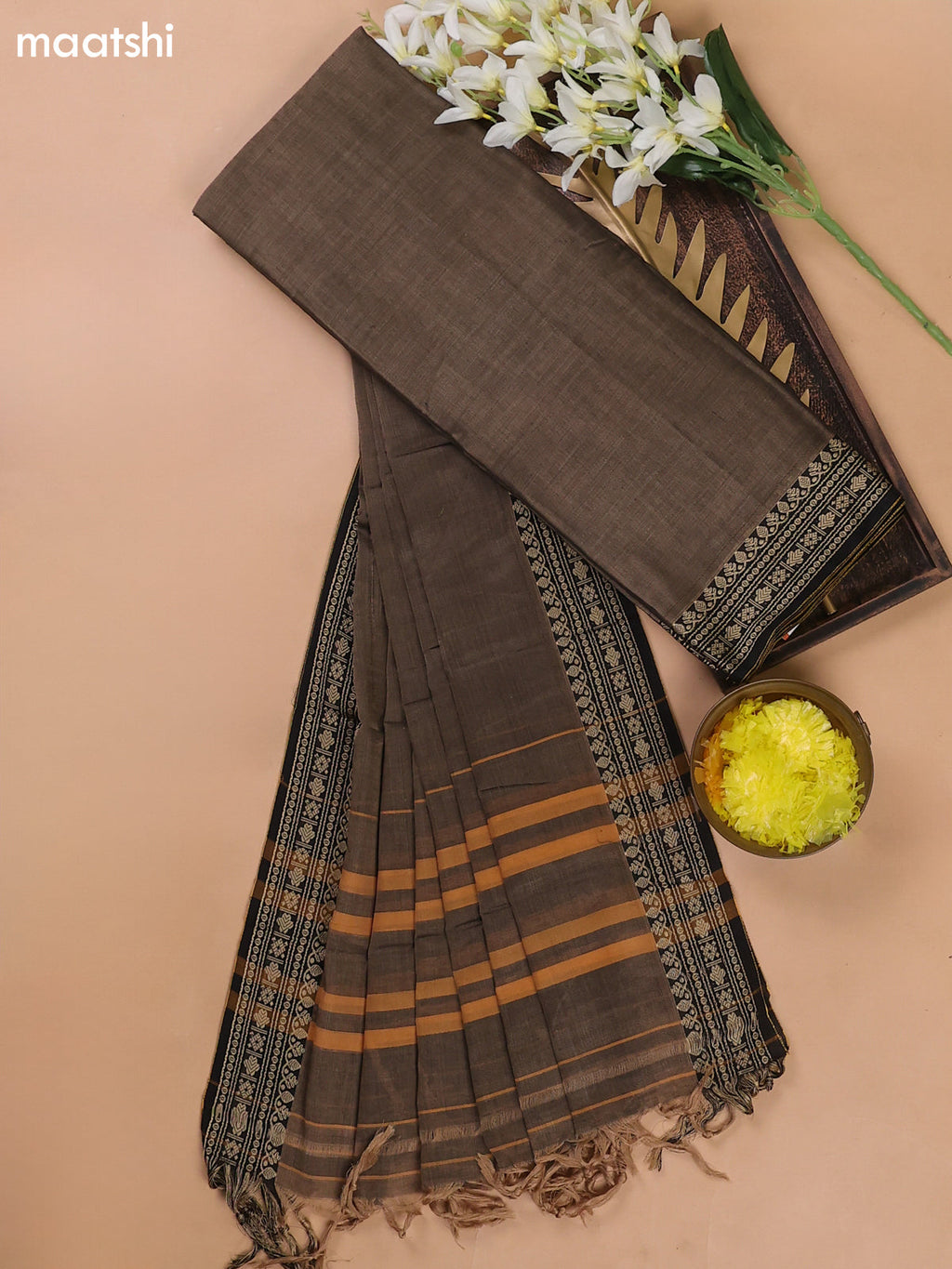 Chikku and Black Narayanpet Cotton Dress Materials With A Plain Body and Thread Woven Border