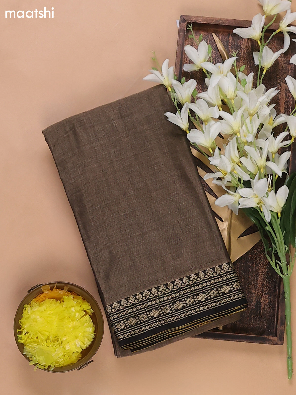 Chikku and Black Narayanpet Cotton Dress Materials With A Plain Body and Thread Woven Border