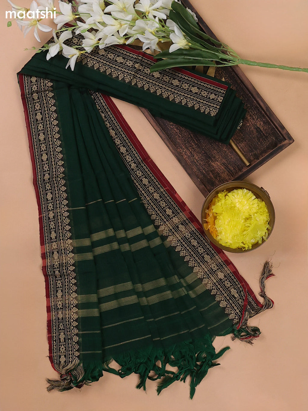Green and Maroon Narayanpet Cotton Dress Materials With A Plain Body and Thread Woven Border
