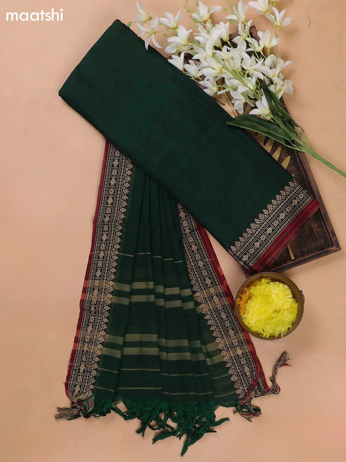 Green and Maroon Narayanpet Cotton Dress Materials With A Plain Body and Thread Woven Border