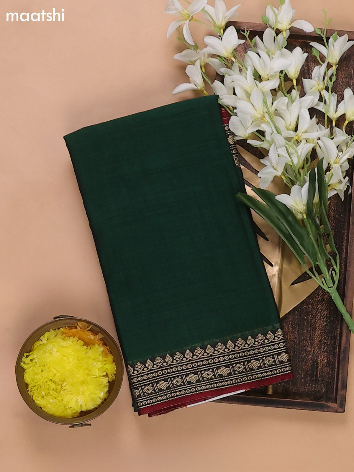 Green and Maroon Narayanpet Cotton Dress Materials With A Plain Body and Thread Woven Border