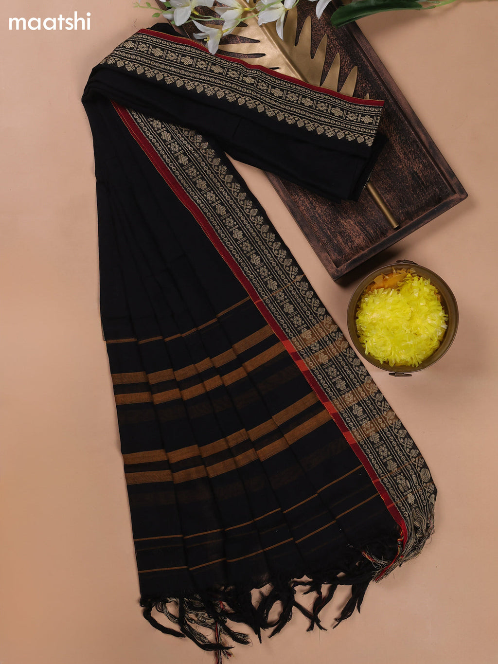 Black and Maroon Narayanpet Cotton Dress Materials With A Plain Body and Thread Woven Border