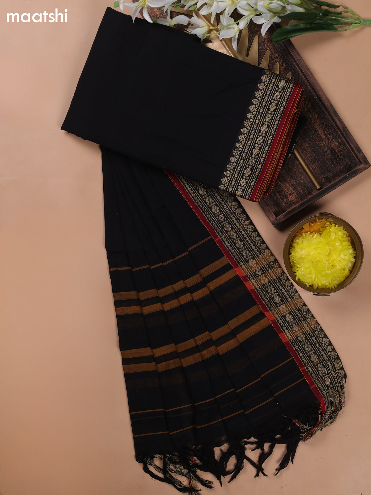 Black and Maroon Narayanpet Cotton Dress Materials With A Plain Body and Thread Woven Border