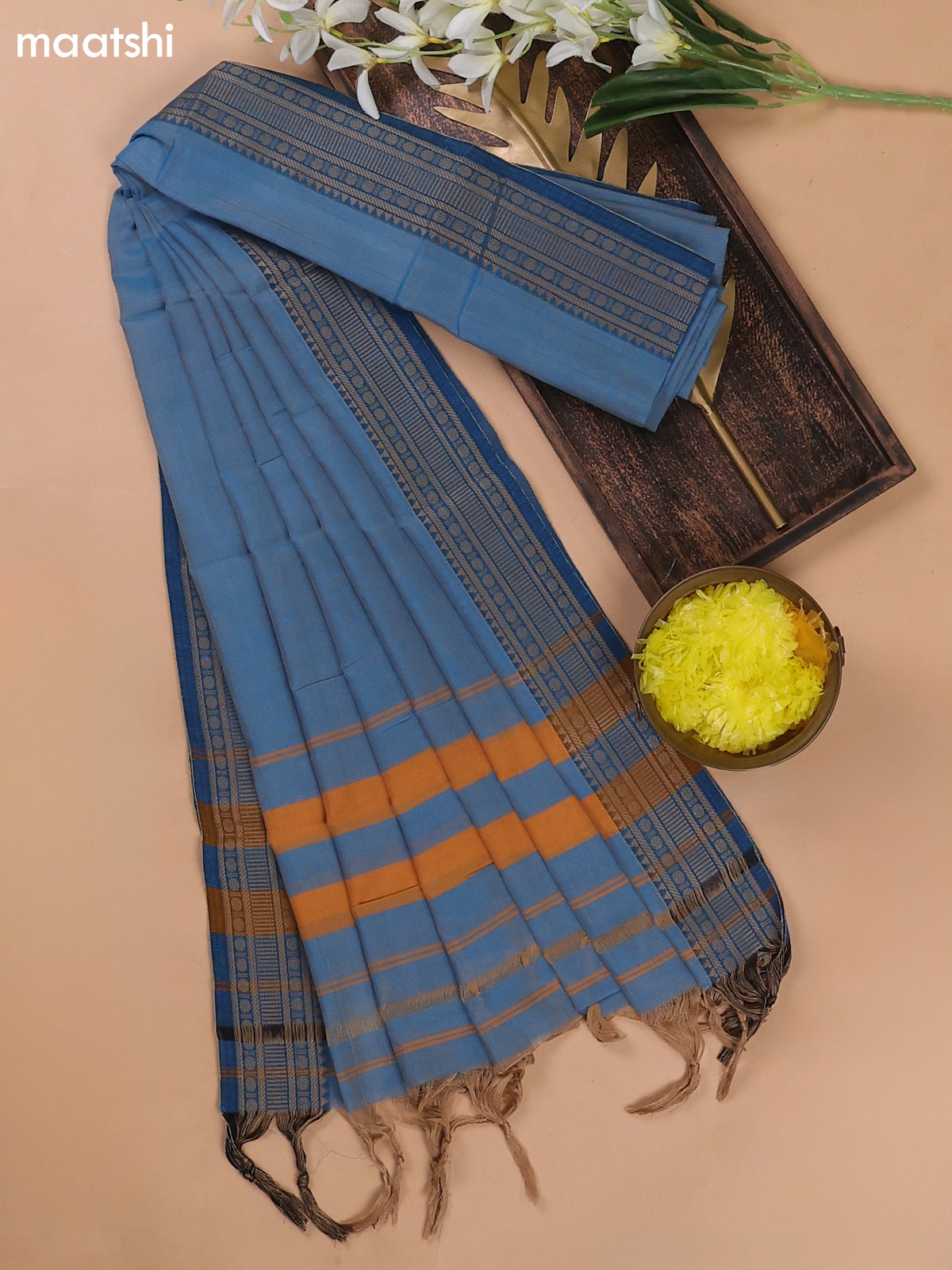 Light Blue Narayanpet Cotton Dress Materials With A Plain Body and Thread Woven Border