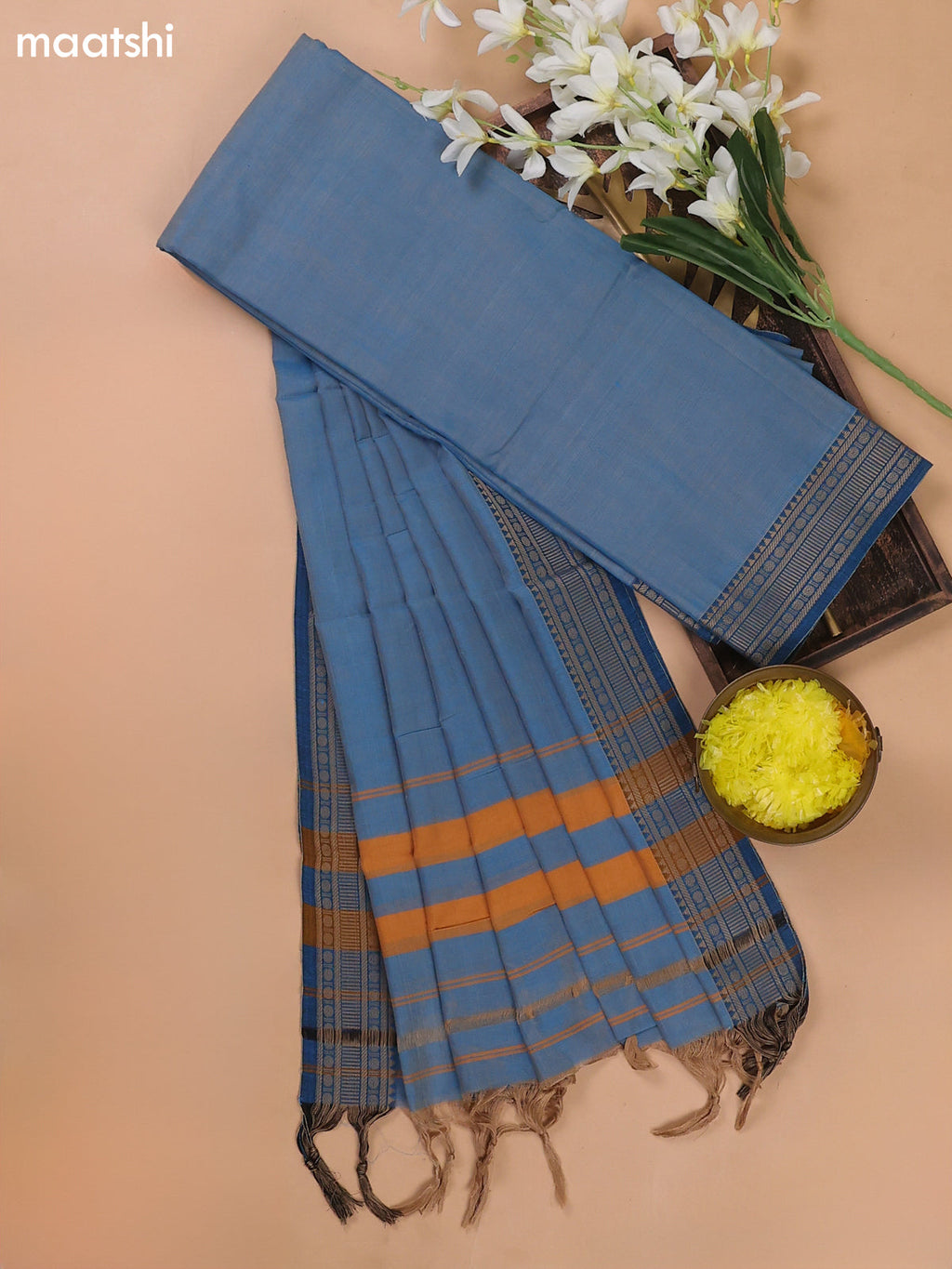 Light Blue Narayanpet Cotton Dress Materials With A Plain Body and Thread Woven Border
