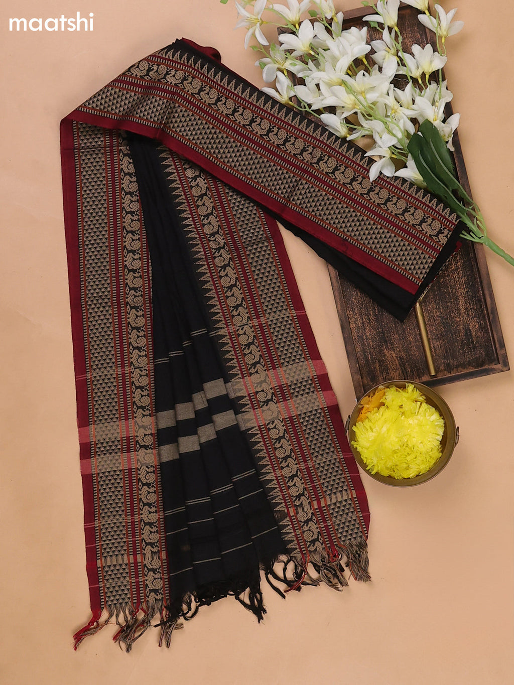 Black and Maroon Narayanpet Cotton Dress Materials With A Plain Body and Temple Design Thread Woven Border