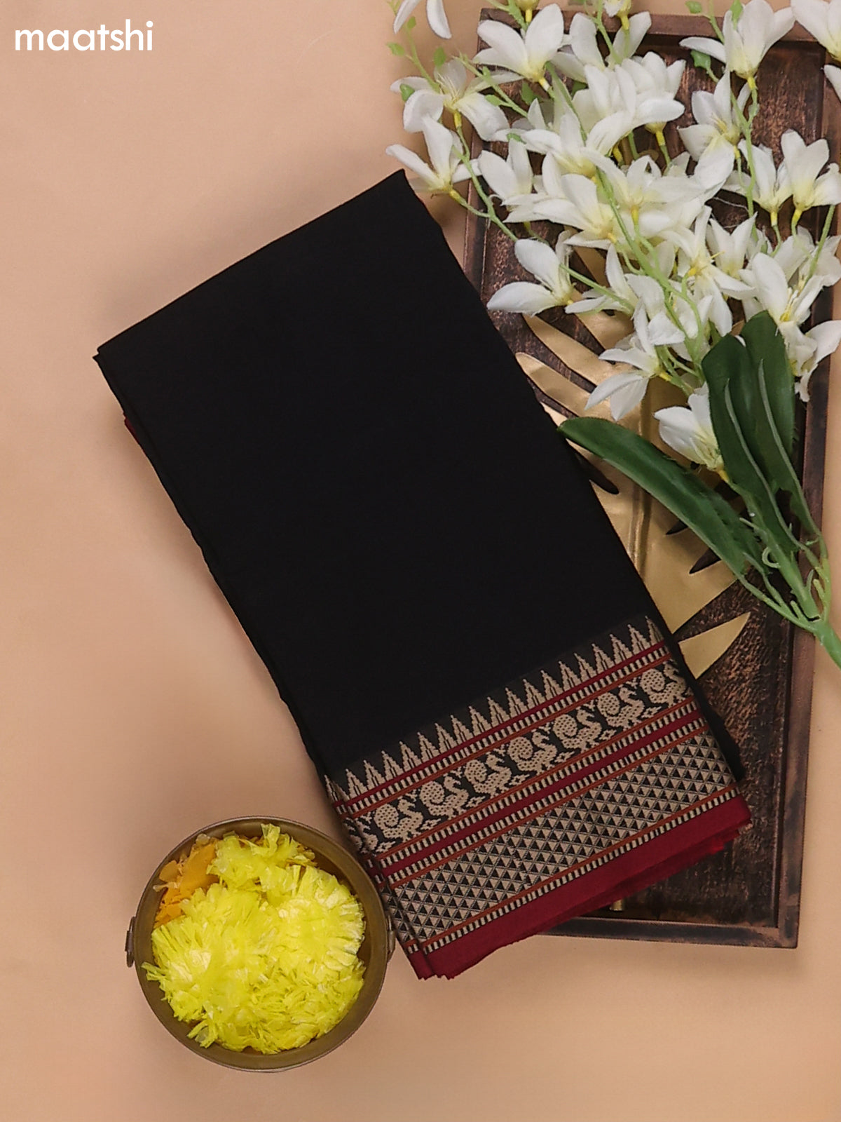 Black and Maroon Narayanpet Cotton Dress Materials With A Plain Body and Temple Design Thread Woven Border