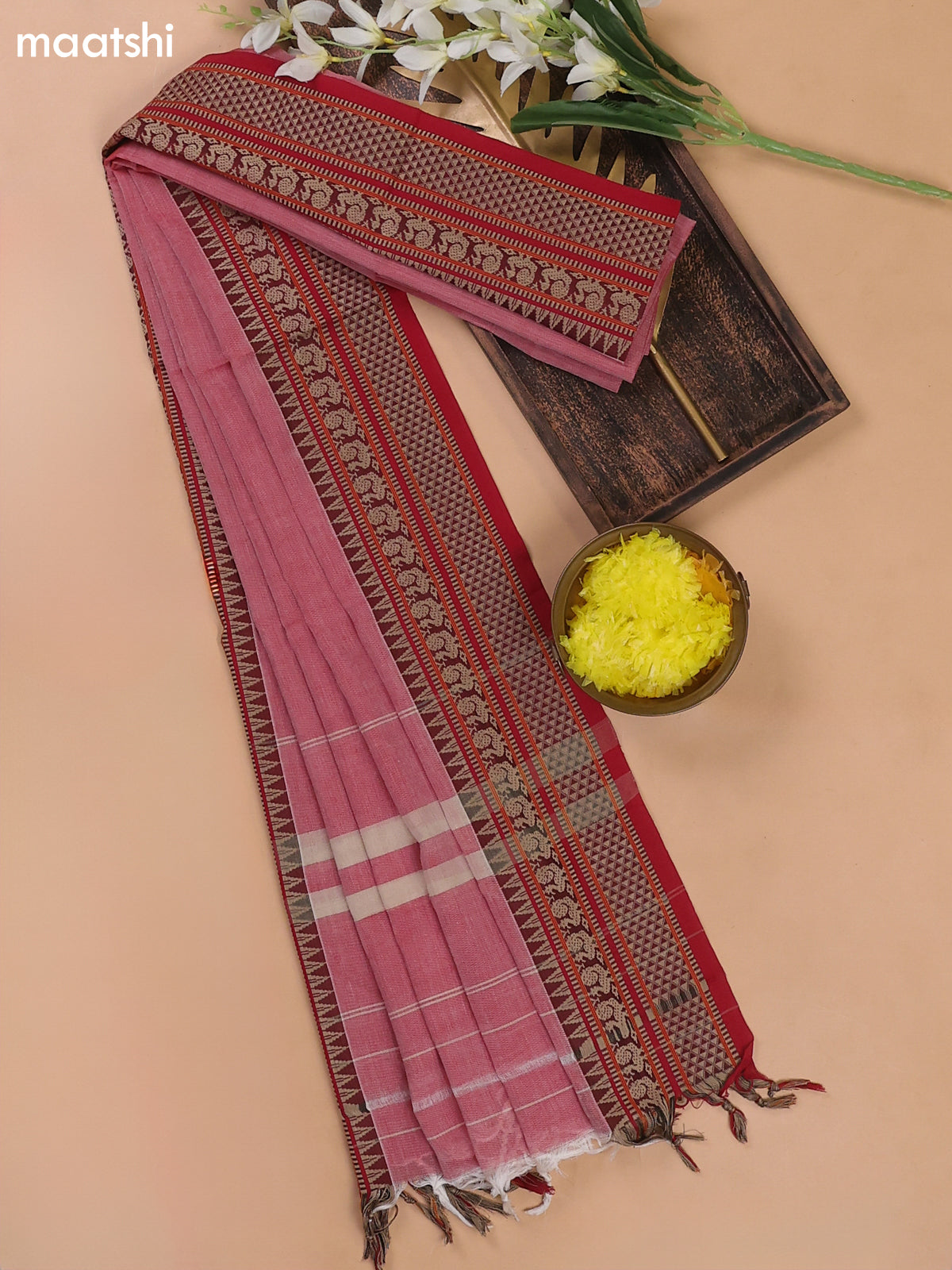 Red Shade Narayanpet Cotton Dress Materials With A Plain Body and Temple Design Thread Woven Border