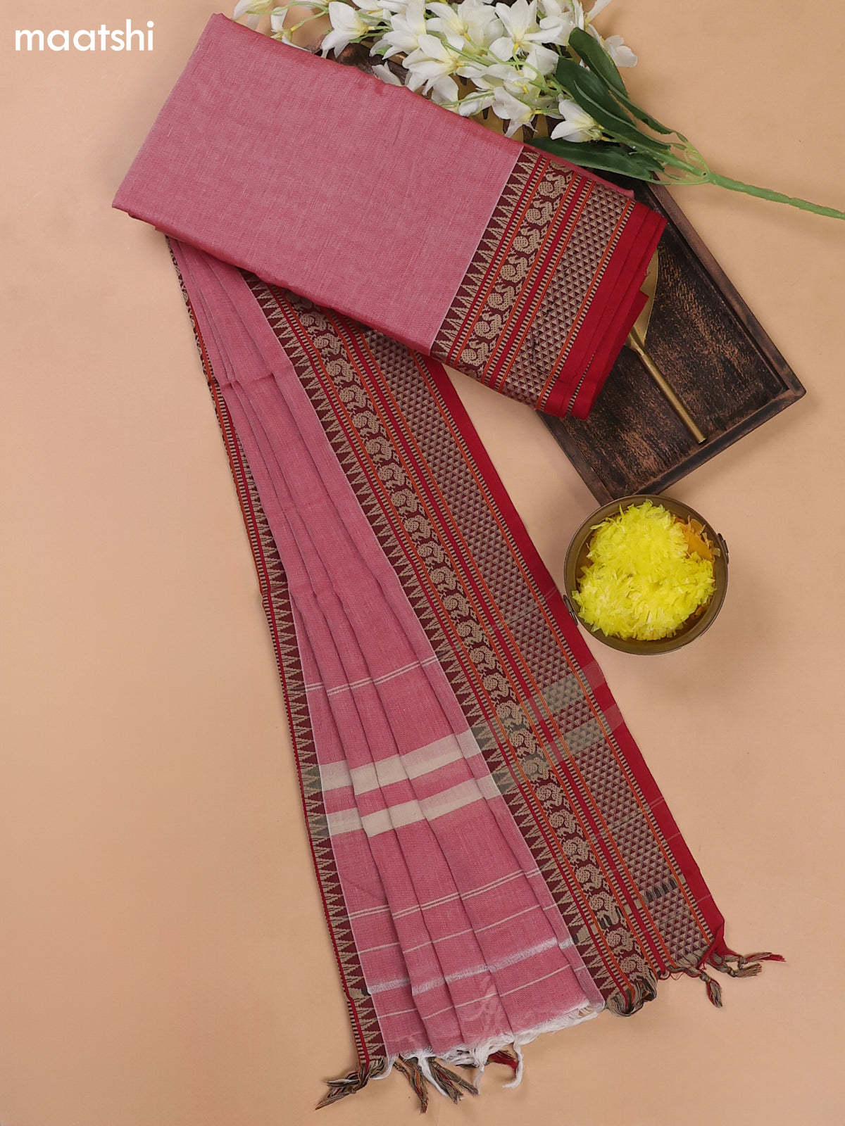 Red Shade Narayanpet Cotton Dress Materials With A Plain Body and Temple Design Thread Woven Border